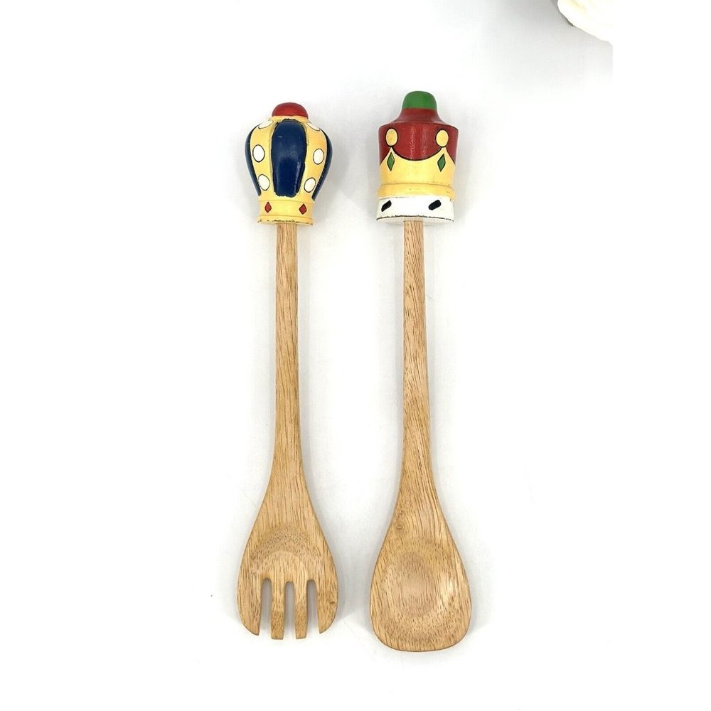Vintage King & Queen Wooden Salad Serving Set Fork And Spoon Hand Painted Wood - Picture 9 of 9